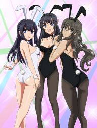 Rule 34 | 3girls, :d, absurdres, animal ears, ass, bare legs, bare shoulders, black hair, black legwear, bow, bowtie, breasts, brown eyes, cameltoe, cleavage, commission, covered erect nipples, covered navel, detached collar, fake animal ears, fake tail, futaba rio, gentoku, glasses, hair ornament, hairclip, highres, leotard, long hair, looking at viewer, makinohara shouko, multiple girls, open mouth, pantyhose, pixiv commission, playboy bunny, purple eyes, rabbit ears, rabbit tail, sakurajima mai, seishun buta yarou, smile, tail, wrist cuffs
