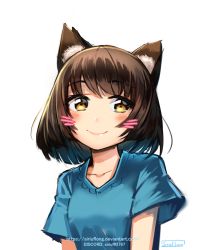 Rule 34 | 1girl, animal ears, arms at sides, artist name, blue shirt, blush, brown eyes, brown hair, cat ears, closed mouth, commentary, deviantart username, discord username, facial mark, highres, looking at viewer, original, shirt, short hair, short sleeves, sirious long, smile, solo, upper body, watermark, web address, whisker markings