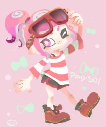 Rule 34 | 1girl, ;), adjusting eyewear, ankle boots, arm up, black shorts, boots, closed mouth, dolphin shorts, eyewear on head, full body, leg up, nintendo, octoling, octoling player character, one eye closed, pink background, pink eyes, pink hair, ponytail, red-framed eyewear, red footwear, shirt, short hair, short shorts, shorts, sleeves past elbows, smile, solo, splatoon (series), splatoon 2, striped clothes, striped shirt, suction cups, sunglasses, tentacle hair, yoshishi (yosisitoho)