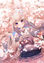Rule 34 | 1girl, :o, absurdres, animal ears, blush, braid, brown hair, cat ears, cat girl, cat tail, cherry blossoms, commission, day, dutch angle, hair ornament, hairclip, hakama, hakama skirt, hanami, hand up, highres, japanese clothes, kimono, leo (mafuyu), long sleeves, looking at viewer, mafuyu (chibi21), multicolored hair, original, outdoors, parted lips, petals, pink kimono, pixiv commission, purple eyes, purple hair, purple hakama, seiza, sitting, skirt, solo, tail, twin braids, twitter username, two-tone hair, wide sleeves