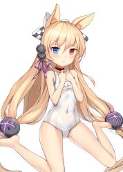 Rule 34 | 1girl, animal ears, bad id, bad pixiv id, barefoot, beads, bell, blonde hair, cat ears, collar, commentary request, covered navel, g41 (beach punk 2064) (girls&#039; frontline), g41 (girls&#039; frontline), girls&#039; frontline, hair beads, hair ornament, hands on own chest, heterochromia, highres, jingle bell, legs, long hair, low-tied long hair, mr arme, official alternate costume, one-piece swimsuit, ribbon, school swimsuit, simple background, sitting, solo, spread legs, swimsuit, toes, twintails, very long hair, white background, white one-piece swimsuit, white school swimsuit