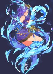 Rule 34 | 1girl, alternate costume, alternate hairstyle, blue dress, blue fire, boots, breasts, brighid (xenoblade), cleavage, dress, dual wielding, fire, from behind, gloves, high heel boots, high heels, highres, holding, long hair, looking back, medium breasts, nintendo, one eye closed, purple eyes, purple hair, short dress, simple background, smile, solo, sou (pale 1080), whip sword, xenoblade chronicles (series), xenoblade chronicles 2, xenoblade chronicles (series), xenoblade chronicles 2, aged down