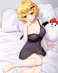 Rule 34 | 1girl, ahoge, alternate costume, bare legs, barefoot, bat hair ornament, bed, black negligee, blonde hair, blush, breasts, cleavage, commentary, fang, full body, hair between eyes, hair ornament, hairclip, hand to own mouth, hololive, lingerie, looking to the side, medium breasts, negligee, on bed, open mouth, orange eyes, pensuke, pillow, short hair, solo, strap slip, underwear, virtual youtuber, yozora mel