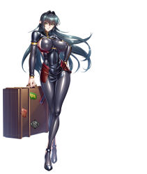 Rule 34 | 1girl, annerose vajra, black hair, bodysuit, breasts, cropped jacket, full body, highres, holding, holding suitcase, impossible clothes, kagami hirotaka, koutetsu no majo anneroze, large breasts, latex, long hair, official art, sideboob, simple background, smile, solo, suitcase, sword, taimanin (series), taimanin rpgx, very long hair, weapon, white background, yellow eyes, zipper, zipper pull tab