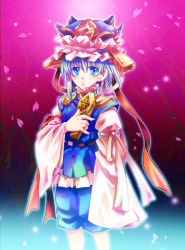 Rule 34 | 1girl, aqua eyes, blush, bow, cherry blossoms, female focus, grey hair, hand on another&#039;s chest, hand on own chest, hat, petals, ribbon, rod of remorse, shiki eiki, short hair, solo, taki tarou, takitarou, touhou, wide sleeves