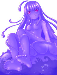 Rule 34 | 1girl, ahoge, barefoot, breasts, bubble, colored skin, full body, long hair, looking at viewer, monster girl, original, purple skin, red eyes, rethnick, sitting, slime girl, small breasts, smile, solo, very long hair, white background