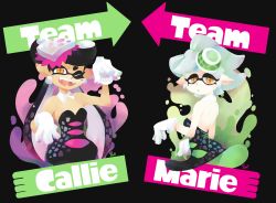 Rule 34 | 2girls, 3d rod!, artist name, black background, black dress, black hair, black jumpsuit, callie (splatoon), character name, cropped torso, detached collar, dress, earrings, english text, fangs, food, food on head, from side, gloves, grey hair, highres, inkling, jewelry, jumpsuit, long hair, looking at viewer, marie (splatoon), mask, mole, mole under eye, multiple girls, nintendo, object on head, open mouth, paint splatter, parted lips, pointy ears, short hair, short jumpsuit, simple background, smile, standing, strapless, white gloves