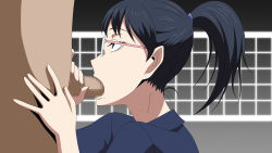 Rule 34 | 10s, 1boy, 1girl, atelier gons, black hair, blue eyes, censored, clothed female nude male, fellatio, glasses, haikyuu!!, highres, long hair, looking at another, mole, mosaic censoring, nude, oral, penis, ponytail, shimizu kiyoko, short sleeves, simple background, solo focus, standing, upper body, volleyball net
