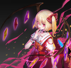 Rule 34 | 1girl, :d, absurdres, blonde hair, blood, blood from mouth, blood on clothes, bow, bunuojiang, clothing cutout, collarbone, fang, flandre scarlet, flower, hair between eyes, hair bow, highres, jewelry, long skirt, nail polish, necklace, open mouth, orange bow, red bow, red eyes, red nails, red shirt, red skirt, rose, shirt, short hair, short sleeves, shoulder cutout, side ponytail, skirt, smile, solo, standing, touhou, white flower, white rose, wings, wrist cuffs