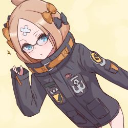 Rule 34 | 1girl, abigail williams (fate), abigail williams (traveling outfit) (fate), absurdres, bandaid, bandaid on face, bandaid on forehead, belt, black bow, black jacket, blonde hair, blue eyes, bow, breasts, closed mouth, crossed bandaids, fate/grand order, fate (series), forehead, glasses, hair bow, hair bun, heroic spirit traveling outfit, high collar, highres, jacket, kopaka (karda nui), long hair, long sleeves, multiple hair bows, official alternate costume, orange belt, orange bow, parted bangs, single hair bun, sleeves past fingers, sleeves past wrists, small breasts, sparkle, thighs