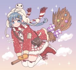 Rule 34 | 1girl, blue eyes, blue hair, boots, braid, broom, broom riding, christmas, coat, commentary, emma (kumaema), fur trim, gloves, hair ornament, hairclip, highres, long hair, original, red coat, red footwear, scarf, side braid, smile, symbol-only commentary, thighhighs, white headwear, white thighhighs, yellow gloves