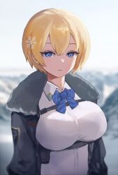 Rule 34 | 1girl, arms at sides, black coat, blonde hair, blue eyes, blurry, blurry background, bow, bowtie, breasts, closed mouth, coat, collared shirt, expressionless, girls&#039; frontline, hair ornament, highres, large breasts, looking at viewer, mole, mole under eye, open clothes, open coat, outdoors, shirt, short hair, sidelocks, snowflake hair ornament, solo, standing, vsk-94 (girls&#039; frontline), white shirt, yoopooh