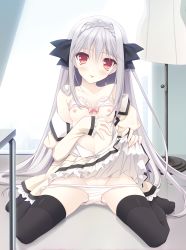 Rule 34 | 1girl, absurdres, black hairband, black thighhighs, bra, bra lift, breasts, clothes lift, feet, female focus, flashing, hair ribbon, hairband, highres, lifted by self, nipples, no shoes, panties, panties around thighs, red eyes, ribbon, sakurakouji luna, silver hair, skirt, skirt lift, small breasts, solo, table, thighhighs, underwear, white panties