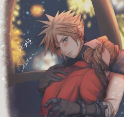 Rule 34 | 1boy, 1girl, aerith gainsborough, arm around back, armor, bandaged arm, bandages, blonde hair, blue eyes, blush, braid, braided ponytail, brown gloves, brown hair, cloud strife, couple, cropped jacket, earrings, final fantasy, final fantasy vii, final fantasy vii rebirth, final fantasy vii remake, fireworks, gloves, gondola, hair between eyes, hair ribbon, hand on another&#039;s chest, hetero, highres, hug, jacket, jewelry, long hair, looking at another, parted bangs, parted lips, pink ribbon, red jacket, ribbon, short hair, shoulder armor, single braid, single earring, sleeveless, sleeveless turtleneck, spiked hair, suspenders, turtleneck, upper body, yuu crazy doll sae