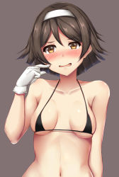 Rule 34 | 1girl, bad id, bad pixiv id, bikini, black hair, blush, breasts, brown eyes, gloves, grey background, hair between eyes, hairband, highres, kantai collection, micro bikini, navel, open mouth, short hair, simple background, small breasts, solo, swimsuit, tanikaze (kancolle), terakoya, white gloves, white hairband