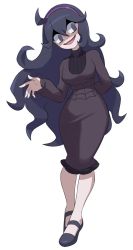 Rule 34 | 1girl, @ @, ahoge, alternate breast size, arm behind back, black footwear, black hair, breasts, creatures (company), dress, flowers-imh, frilled dress, frills, full body, game freak, hair between eyes, headband, hex maniac (pokemon), highres, large breasts, long hair, long sleeves, looking to the side, mary janes, messy hair, nintendo, pencil dress, pokemon, pokemon xy, purple headband, shoes, simple background, smile, solo, turtleneck, very long hair, white background