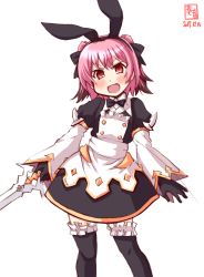 Rule 34 | 1girl, animal ears, apron, artist logo, astolfo (fate), astolfo (fate) (cosplay), astolfo (saber) (fate), astolfo (saber) (fate) (cosplay), astolfo (saber) (third ascension) (fate), black dress, black gloves, black neckwear, black thighhighs, colored tips, commentary request, contrapposto, cosplay, dated, dress, fang, fate/grand order, fate (series), frilled thighhighs, frills, gloves, hair between eyes, highres, kanon (kurogane knights), kantai collection, kunashiri (kancolle), look-alike, messy hair, multicolored hair, open mouth, orange eyes, pink hair, rabbit ears, simple background, skin fang, solo, sword, thighhighs, two-tone hair, two side up, weapon, white apron, white background