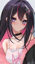 Rule 34 | 1girl, azki (hololive), bare shoulders, black choker, black coat, black hair, blush, breasts, character name, choker, cleavage, coat, colored inner hair, double-parted bangs, embarrassed, facial mark, hair between eyes, hair ornament, hairclip, highres, hololive, long hair, looking at viewer, medium breasts, multicolored hair, parted lips, pink hair, rifufu, solo, tank top, upper body, very long hair, virtual youtuber, white tank top