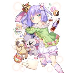 Rule 34 | 1girl, animal, aqua eyes, bloomers, character request, controller, crown, doughnut, eating, food, game console, game controller, koala, light purple hair, looking at viewer, no shoes, hugging object, official art, pillow, rest and vacation, short hair, sloth (animal), smile, soda bottle, transparent background, two side up, uchi no hime-sama ga ichiban kawaii, underwear