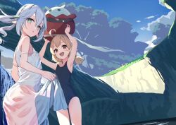 Rule 34 | 2girls, ahoge, armpits, arms up, ass, bare shoulders, blonde hair, blue one-piece swimsuit, blue sky, blush, breasts, cliff, dress, genshin impact, gradient hair, green eyes, green hair, hair ornament, highres, klee (genshin impact), leaf hair ornament, long hair, looking at viewer, looking back, low twintails, medium hair, multicolored hair, multiple girls, nahida (genshin impact), one-piece swimsuit, open mouth, pointy ears, red eyes, sakimiya mafu, side ponytail, sidelocks, sky, small breasts, swimsuit, symbol-shaped pupils, thighs, tree, twintails, wet, wet clothes, white dress, white hair, white one-piece swimsuit