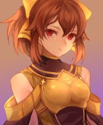 Rule 34 | 1girl, armor, bow, breastplate, brown hair, closed mouth, corruption, dark persona, delthea (fire emblem), fire emblem, fire emblem echoes: shadows of valentia, fire emblem heroes, gradient background, hair bow, jurge, long hair, nintendo, red eyes, simple background, solo, upper body