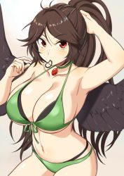 Rule 34 | 1girl, antenna hair, arm up, armpits, bare arms, bare shoulders, bikini, bird wings, black wings, breasts, brown hair, cleavage, closed mouth, collarbone, eyes visible through hair, front-tie top, front ponytail, hair between eyes, halterneck, hand up, high ponytail, highres, hip focus, holding, holding hair, huge breasts, jewelry, layered bikini, long hair, looking at viewer, mouth hold, navel, nobori ranzu, parted lips, pendant, ponytail, red eyes, reiuji utsuho, shiny skin, sidelocks, solo, stomach, swimsuit, touhou, upper body, very long hair, wide ponytail, wings