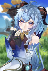 Rule 34 | 1girl, absurdres, ahoge, bare shoulders, bell, black gloves, blue hair, blush, bodystocking, breasts, cloud, cowbell, detached sleeves, eating flower, eyebrows visible through hat, flower, ganyu (genshin impact), genshin impact, gloves, grass, highres, holding, holding flower, horns, long hair, looking at viewer, lupi (yuni 060969), medium breasts, mountain, neck bell, outdoors, petals in mouth, purple eyes, qingxin flower, sidelocks, sky, solo, sweat, upper body, vision (genshin impact), white flower, white sleeves