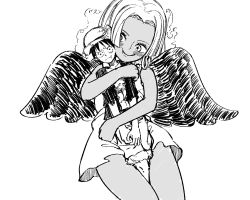 Rule 34 | 1boy, 1girl, angel wings, bare legs, between legs, black wings, brain bbq, closed mouth, cowboy shot, dark-skinned female, dark skin, dress, earrings, furrowed brow, giant, giantess, greyscale, highres, holding person, hug, jewelry, legs together, long hair, looking at another, looking at viewer, monkey d. luffy, monochrome, one piece, s-snake, seraphim (one piece), simple background, size difference, smile, star-shaped pupils, star (symbol), symbol-shaped pupils, tsurime, white background, white hair, wings