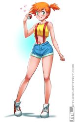 Rule 34 | 1girl, creatures (company), crop top, denim, denim shorts, full body, game freak, green eyes, highres, looking at viewer, looking to the side, midriff, misty (pokemon), mleth, navel, nintendo, orange hair, poke ball, poke ball (basic), pokemon, pokemon (anime), pokemon (classic anime), revision, shoes, short shorts, shorts, side ponytail, smile, sneakers, solo, suspenders