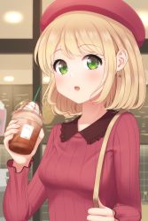 Rule 34 | 1girl, :o, absurdres, beret, blonde hair, blush, breasts, collared shirt, commentary request, drink, drinking straw, earrings, food request, furou, green eyes, hand up, hat, highres, holding, holding drink, jewelry, knit (pop&#039;n music), lipstick, long sleeves, looking at viewer, makeup, medium breasts, medium hair, open mouth, original, pink sweater, red hat, ribbed sweater, shirt, sidelocks, solo, sweater, teeth, upper body, upper teeth only