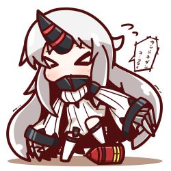 Rule 34 | &gt; &lt;, 10s, 1girl, abyssal ship, chibi, claws, closed eyes, dress, gameplay mechanics, highres, horns, kantai collection, long hair, nuu (nu-nyu), pale skin, seaport princess, simple background, single horn, solo, sweater, sweater dress, trembling, white hair