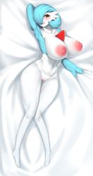 Rule 34 | 1girl, absurdres, alternate color, arm behind head, arm up, armpits, bed sheet, blue hair, blue skin, blush, bob cut, breasts, censored, collarbone, colored skin, commission, completely nude, creatures (company), dakimakura (medium), female focus, from above, full body, game freak, gardevoir, gen 3 pokemon, haembokeyo, hair over one eye, heart, heart-shaped pupils, highres, huge breasts, knees together feet apart, lying, mosaic censoring, multicolored skin, navel, nintendo, nipples, nude, on back, one eye covered, open mouth, orange eyes, pokemon, pokemon (creature), pussy, shiny pokemon, short hair, simple background, solo, stomach, symbol-shaped pupils, toned, two-tone skin, white background, white skin, wide hips