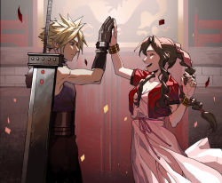 Rule 34 | 1boy, 1girl, aerith gainsborough, armor, belt, blonde hair, blue eyes, blue shirt, bracelet, braid, breasts, brown hair, buster sword, cleavage, closed eyes, cloud strife, collarbone, colosseum, confetti, corneo cup, cropped jacket, curly hair, dress, final fantasy, final fantasy vii, final fantasy vii remake, gloves, hair ribbon, high five, highres, jacket, jewelry, long dress, long hair, machi (8152952), materia, necklace, open mouth, parted bangs, pink dress, pink ribbon, red jacket, ribbon, shirt, shoulder armor, sidelocks, sleeveless, sleeveless turtleneck, smile, spiked hair, square enix, turtleneck, unworn jewelry, unworn necklace, weapon, weapon on back
