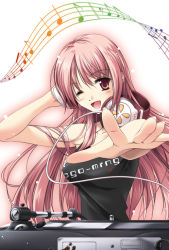 Rule 34 | 1girl, beamed quavers, dj, foreshortening, headphones, miyase mahiro, music, musical note, original, outstretched arm, outstretched hand, phonograph, pink eyes, pink hair, quaver, quaver rest, reaching, solo, staff (music), tank top, turntable