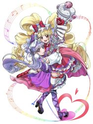 Rule 34 | 2girls, :d, aisaki emiru, blonde hair, blush, boots, bow, commentary request, cure amour, cure macherie, dress, earrings, eyelashes, gloves, hair bow, hair ornament, happy, high heel boots, high heels, highres, hugtto! precure, jewelry, long hair, looking at viewer, magical girl, meme rururu, multiple girls, musical note, open mouth, pink dress, pink eyes, pom pom (clothes), pom pom earrings, precure, purple eyes, purple hair, ribbon, ruru amour, simple background, smile, standing, thighhighs, thighs, twintails, white background