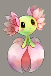 Rule 34 | bellossom, black eyes, blush stickers, colored skin, commentary, creatures (company), expressionless, full body, game freak, gen 2 pokemon, glitchedpuppet, green skin, head tilt, looking up, nintendo, no humans, pokemon, pokemon (creature), pokemon mystery dungeon, simple background, solo, standing