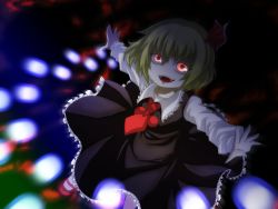 Rule 34 | 1girl, blonde hair, blouse, danmaku, evil smile, fangs, frilled skirt, frills, hair ribbon, motion blur, necktie, open mouth, outstretched arms, red eyes, red necktie, ribbon, rumia, shirt, short hair, skirt, smile, spread arms, touhou, vest, yuusei mutsuki