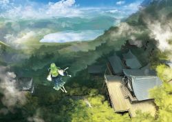 Rule 34 | 1girl, above clouds, architecture, arms at sides, blouse, blue sky, cloud, day, east asian architecture, foreshortening, grass, green hair, highres, kaatoso, kochiya sanae, lake, landscape, long hair, moriya shrine, nontraditional miko, outdoors, sandals, scenery, shirt, shrine, sky, solo, touhou, tree, white shirt, wooden floor, zouri