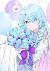 Rule 34 | 1girl, balloon, blue archive, blue eyes, blue flower, blue hair, blue halo, blush, bouquet, flower, general student council president (blue archive), grin, halo, holding, holding bouquet, jacket, long hair, long sleeves, looking at viewer, pleated skirt, shan (ti0n), skirt, smile, solo, white jacket, white skirt