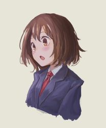 Rule 34 | 1girl, blazer, blue jacket, blush, brown eyes, brown hair, collared shirt, commentary, cropped arms, cropped torso, fjsmu, grey background, highres, jacket, kill me baby, looking away, messy hair, necktie, open mouth, oribe yasuna, red necktie, school uniform, shirt, short hair, simple background, solo, upper body, white shirt, wing collar