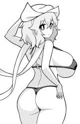 Rule 34 | 1girl, ass, bad id, bad twitter id, bikini, breasts, bright pupils, closed mouth, from behind, greyscale, hat, huge breasts, letty whiterock, looking at viewer, micro bikini, monochrome, o-ring, o-ring top, onkn sxkn, scarf, short hair, simple background, solo, swimsuit, touhou