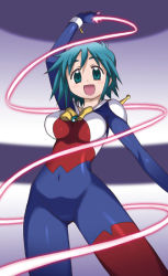 Rule 34 | 1990s (style), 1girl, :d, allenby beardsley, beam ribbon, blue bodysuit, blue eyes, blue hair, bodysuit, bow, breasts, covered navel, cowboy shot, g gundam, green hair, gundam, holding, holding weapon, large breasts, latex, looking at viewer, matching hair/eyes, multicolored clothes, open mouth, retro artstyle, short hair, skin tight, smile, solo, standing, weapon, whip, yellow bow, yuuki shin&#039;ichi