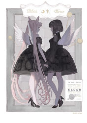 Rule 34 | absurdly long hair, bishoujo senshi sailor moon, black dress, black footwear, black hair, character name, chibi usa, commentary request, cone hair bun, crescent, dress, feathered wings, hair bun, high heels, holding hands, long hair, long sleeves, pink hair, profile, puffy long sleeves, puffy short sleeves, puffy sleeves, ririfa, sailor saturn, saturn (planet), see-through, see-through sleeves, shoes, short hair, short sleeves, sleeves past wrists, standing, twintails, very long hair, white wings, wings