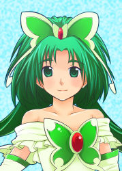 Rule 34 | 00s, 1girl, akimoto komachi, arm warmers, bare shoulders, brooch, butterfly hair ornament, cure mint, dress, green background, green eyes, green hair, hair ornament, jewelry, kumataka, long hair, magical girl, matching hair/eyes, portrait, precure, smile, solo, yes! precure 5