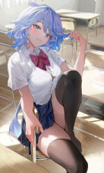 Rule 34 | 1girl, absurdres, ahoge, black thighhighs, blue eyes, blue hair, blue skirt, blush, book, book stack, bow, bowtie, buttons, chair, closed mouth, curtains, desk, fingernails, furina (genshin impact), genshin impact, hair between eyes, highres, indoors, kawa683, knee up, light blue hair, long hair, looking at viewer, multicolored hair, no shoes, on chair, red bow, red bowtie, school desk, school uniform, shirt, short sleeves, sidelocks, sitting, skirt, smile, solo, streaked hair, sunlight, thighhighs, white shirt, wooden floor