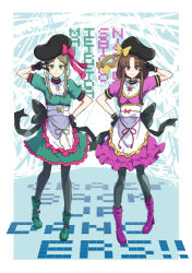Rule 34 | 2girls, apron, arm up, back bow, black bow, black gloves, blue background, boots, bow, bowtie, breasts, brown hair, buttons, closed mouth, commentary request, dress, english text, footwear bow, full body, gloves, green dress, green eyes, green footwear, green hair, grey bow, grey headwear, grey pantyhose, hand on own hip, hand up, hat, hat bow, highres, jack (wkm74959), large hat, looking at viewer, medium breasts, multiple girls, nishida satono, pantyhose, parted bangs, pink bow, pink dress, pink footwear, puffy short sleeves, puffy sleeves, purple eyes, red bow, red bowtie, short sleeves, sidelocks, smile, standing, teireida mai, touhou, v, white apron, white background, yellow bow, yellow bowtie