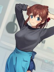 Rule 34 | 1girl, absurdres, apron, blue apron, blue eyes, blue skirt, blurry, blurry background, brown hair, closed mouth, commentary, depth of field, dutch angle, grey shirt, hair ribbon, highres, idolmaster, idolmaster million live!, indoors, kamille (vcx68), kitchen, long sleeves, looking at viewer, medium hair, miniskirt, pleated skirt, ponytail, red ribbon, ribbed shirt, ribbon, satake minako, shirt, skirt, smile, solo, standing, tying hair, waist apron