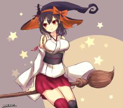 Rule 34 | 1girl, black hair, blush, breasts, broom, broom riding, detached sleeves, hair ornament, hat, highres, kantai collection, large breasts, looking at viewer, miniskirt, momimaki, nontraditional miko, red eyes, red skirt, short hair, skirt, smile, solo, star (symbol), witch hat, yamashiro (kancolle)