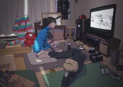 Rule 34 | 1boy, 1girl, game console, glasses, highres, jersey, kim taemyung, messy room, original, playing games, playstation 4, ponytail, room, stuffed animal, stuffed toy, television