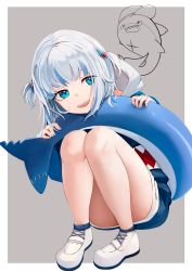 Rule 34 | 1girl, :d, absurdres, anizi, bloop (gawr gura), blue eyes, blue hair, blue nails, blunt bangs, blush, border, character print, commentary request, fins, fish tail, gawr gura, grey background, hair ornament, hands up, highres, hololive, hololive english, hood, long sleeves, looking at viewer, multicolored hair, nail polish, open mouth, shark tail, sharp teeth, shoes, shorts, silver hair, slit pupils, smile, sneakers, solo, streaked hair, tail, teeth, two side up, upper teeth only, virtual youtuber, white border, white footwear